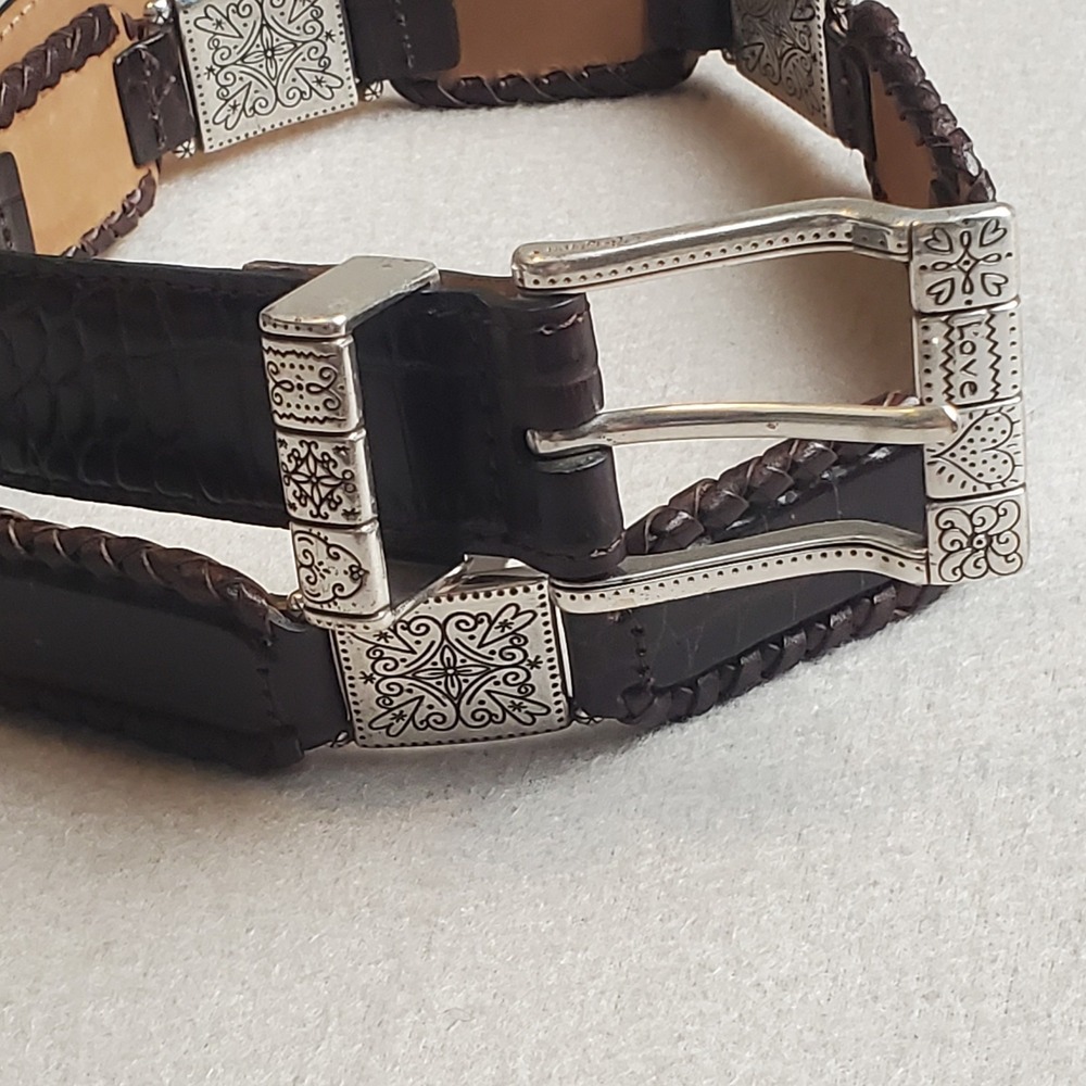 Brighton Women's Brown Leather Belt Square Hinged Heart Mosaics Size 28 New